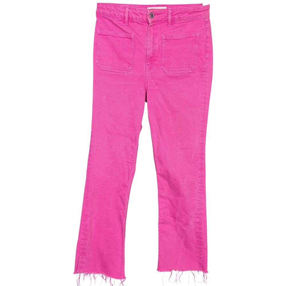 Zara The Sailor Women's 6 Cropped Flare Frayed Hem Pink Fuchsia Jeans Nautical